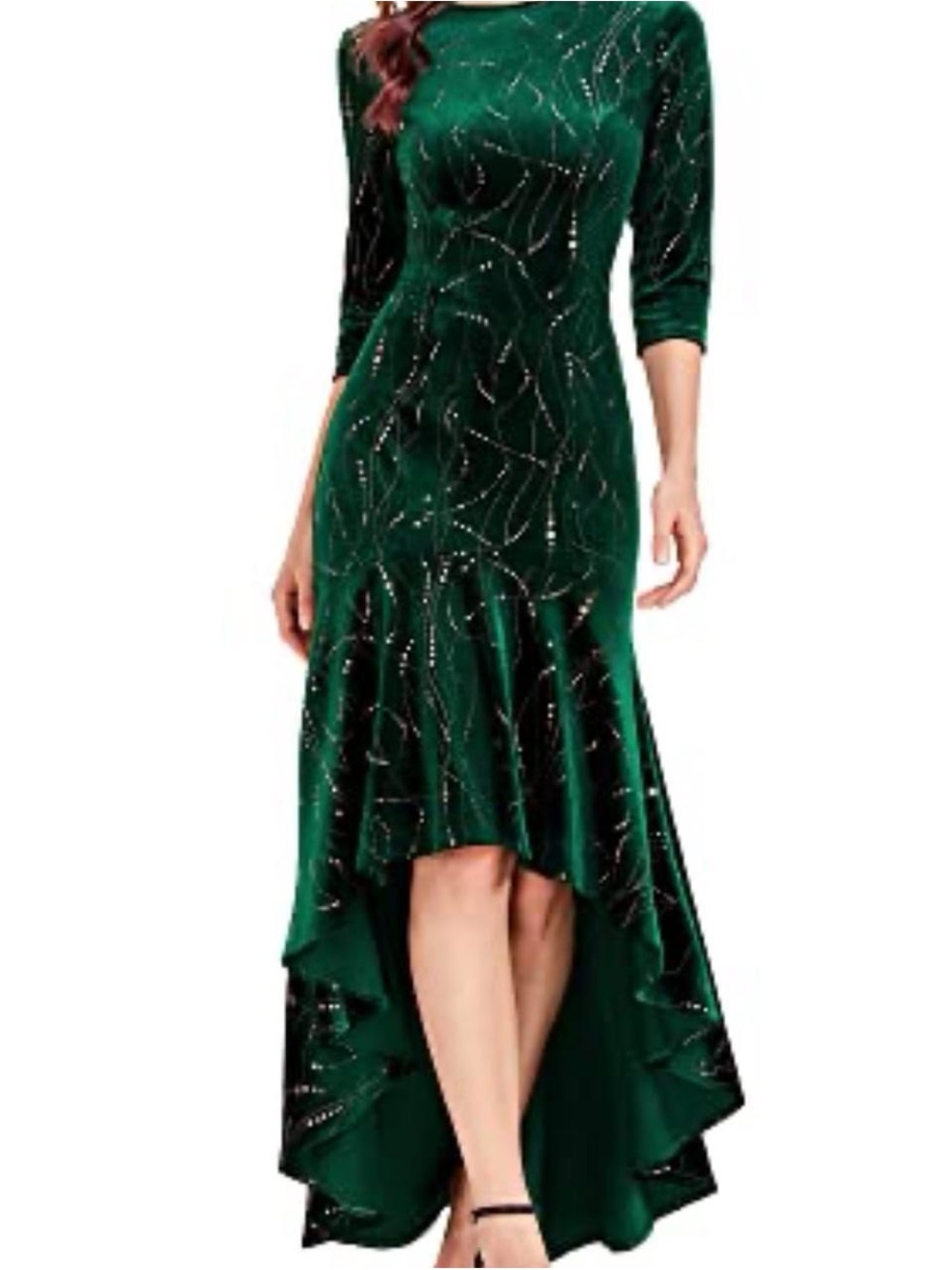 Green Velvet Mermaid Evening Gown + Gold Details | 4 | NWT